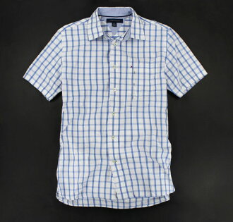 美國百分百【全新真品】Tommy Hilfiger TH 漸層藍 格紋 短袖 襯衫 上衣 男衣 S號 超商取貨