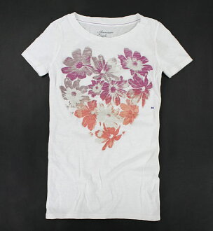 美國百分百【全新真品】American Eagle AE 漸層 刷色 愛心 花朵 圖案T 女T 短T T恤 白色 S號