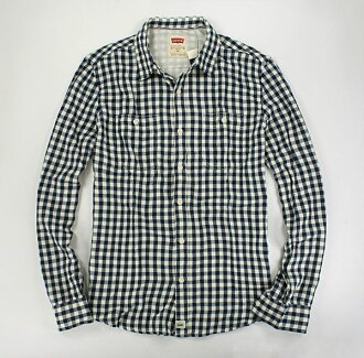 美國百分百【全新真品】Levis levi's 雅痞 街頭 純棉 長袖 格紋 襯衫 深藍米色 男款 M號 免運