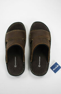 美國百分百【全新真品】ROCKPORT 高級牛皮 車縫線 男鞋 拖鞋 室內拖鞋 休閒 止滑 棕色 US 9
