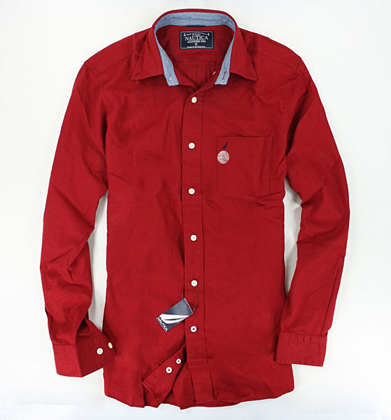 美國百分百【全新真品】Nautica 帆船 口袋 加厚 棉質 長袖 素面 襯衫 上衣 飽和 紅色 男 S號