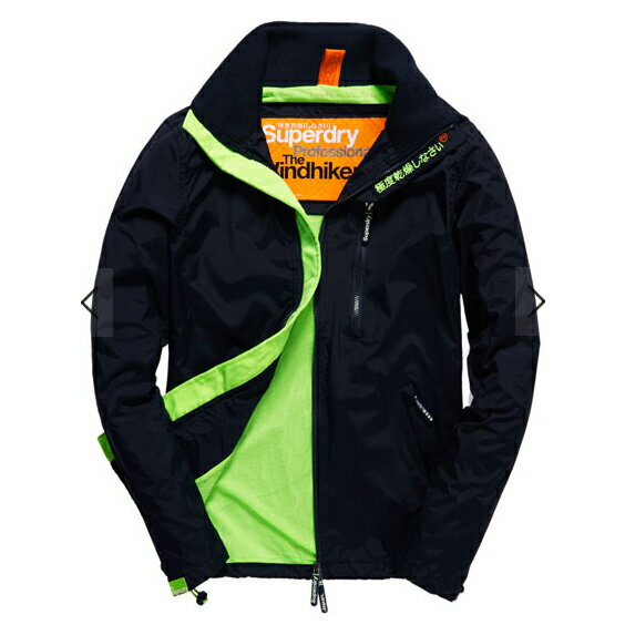 美國百分百【全新真品】Superdry 極度乾燥 風衣 立領 外套 防風 夾克 帽T 網眼 深藍 綠 XL號 E701