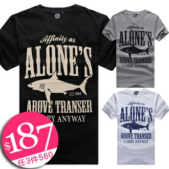 T恤．潮T．Tshirt 情侶裝．MIT純棉．情侶T恤．短T．ALONE'S鯊魚【T5000】艾咪E舖．班服