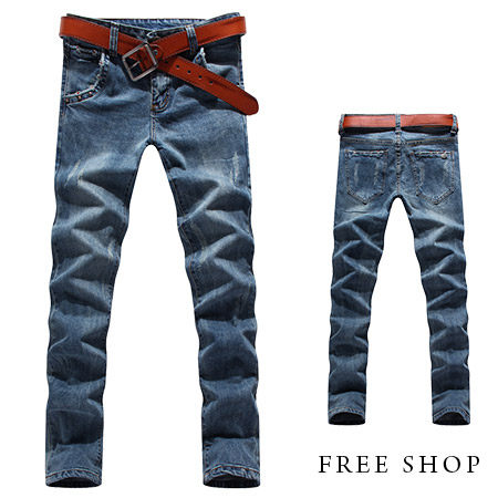 Free Shop【QMD6783】日韓街頭牛仔刷色龐克抓破拼接鉚釘口袋水洗單寧牛仔長褲‧藍色