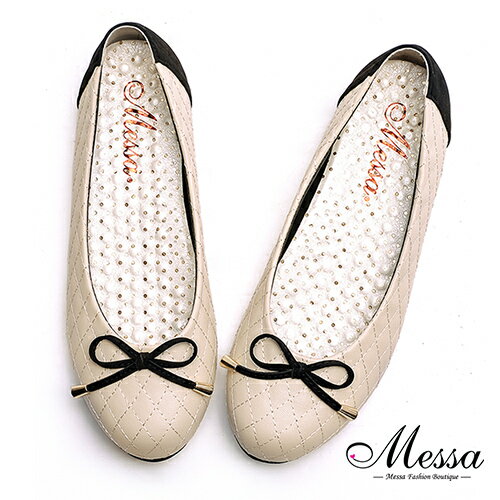 【Messa米莎專櫃女鞋】MIT氣質名媛格菱紋圓頭內真皮娃娃鞋-米色