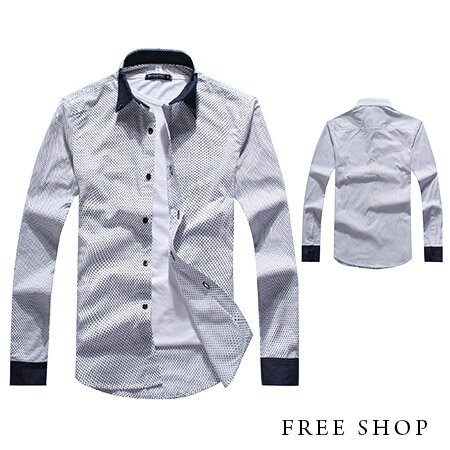 Free Shop【QH1109-1】日韓風格經典三角領袖口牛仔布撞色拼接滿版點點長袖襯衫