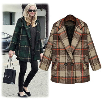外套 加厚保暖羊毛呢大格紋西裝外套.大衣 時尚 【62-8291】 預購 ibella 艾貝拉