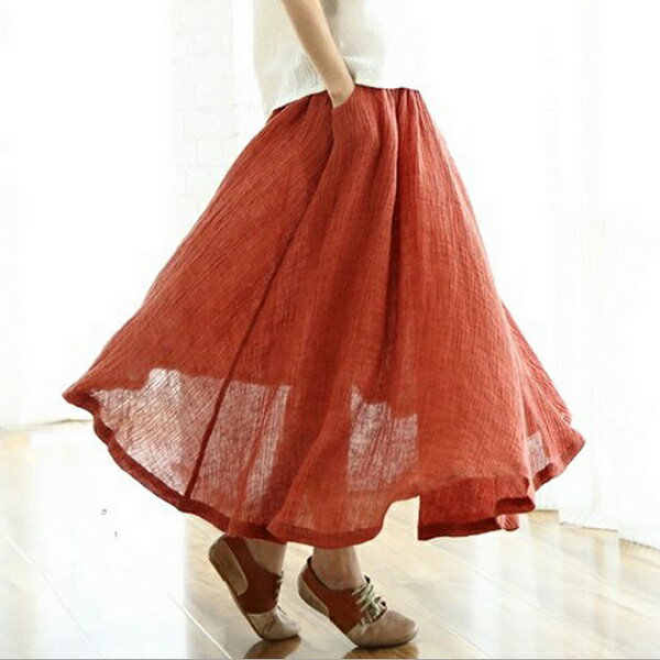 長裙 松緊腰褶縐雙層棉麻裙 衣服日系 預購【88-8202-0064】 ibella 艾貝拉