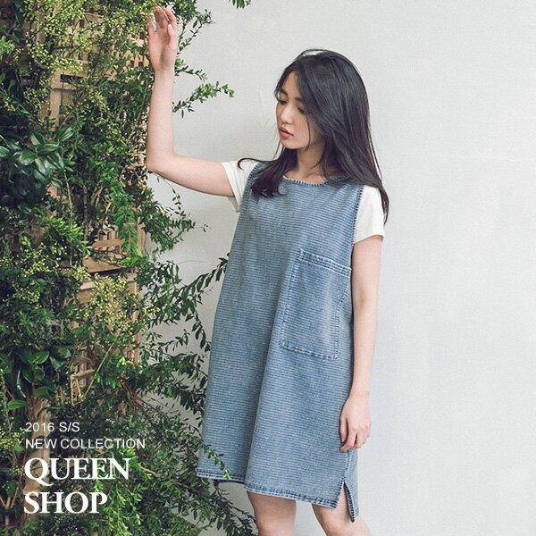 Ｑｕｅｅｎ Ｓｈｏｐ【01082777】單口袋條紋洗水牛仔洋裝＊現貨+預購＊