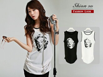 享瘦衣舍中大尺碼‧春夏款特價269元‧【B1044】歐美性感夢露印花下擺抓褶長版背心