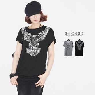 享瘦衣舍中大尺碼-【B1135】個性韓風老鷹圖騰印花潮T
