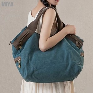 【MiYA】Angel 韓國真皮女用單肩手提帆布包大包(斜背 側背 肩背 百搭 通勤 收納 藍綠色)