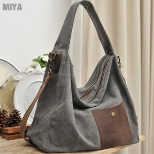韓國真皮帆布包女用側肩斜背包大包(牛皮) 深灰色