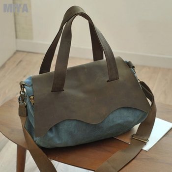 韓國真皮中性男女休閒肩斜側背帆布大包 咖啡藍色