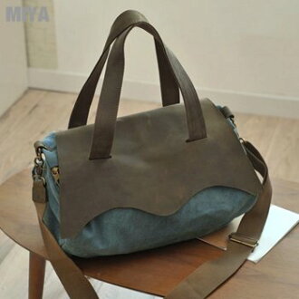 韓國真皮中性男女休閒肩斜側背帆布大包 咖啡藍色