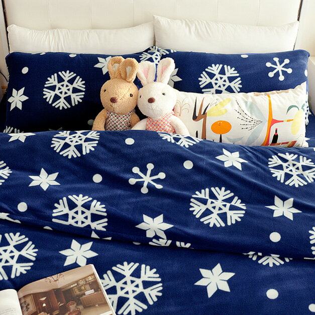 【溫暖雪花-藍】雙人四件式兩用毯床包組 ◆ 高級搖粒絨 台灣製◆ HOUXURY寢具購物網◆