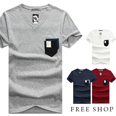 Free Shop【QMD20011】日韓系雙色口袋配色造型設計V領棉質短T短袖上衣潮T‧四色 MIT 台灣製