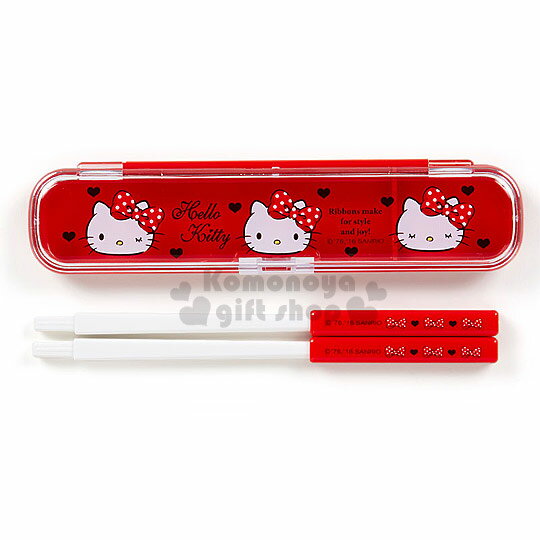 〔小禮堂〕Hello Kitty 日製附盒筷子組《紅.3大臉.黑愛心.點點蝴蝶結》