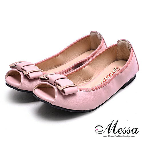 【Messa米莎專櫃女鞋】MIT柔軟彎曲蝴蝶結內真皮平底魚口鞋-粉紅色