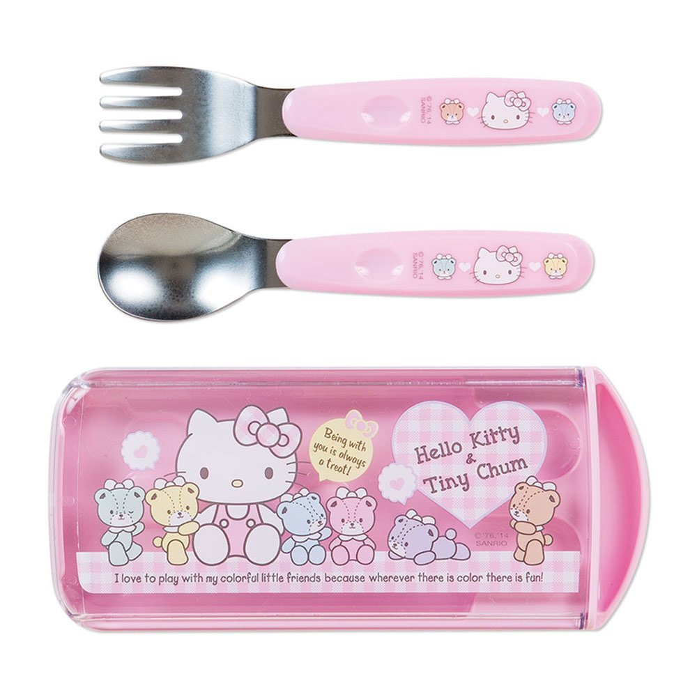 《Sanrio》HELLO KITTY & TINY CHUM 粉色餐具組 / 不鏽鋼叉匙組兒童餐具