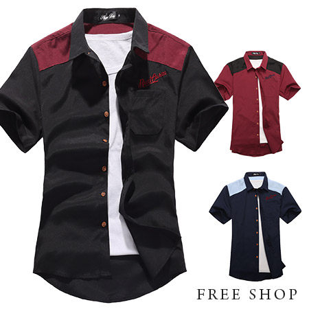 Free Shop【QR20270】韓版拼布電繡設計西海岸潮流工作襯衫短袖襯衫‧三色