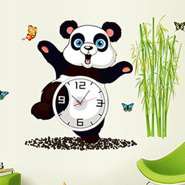 WallFree窩自在 韓版-新款DIY創意雙拼壁貼時鐘SA-2-005竹林熊貓(附靜音機芯)