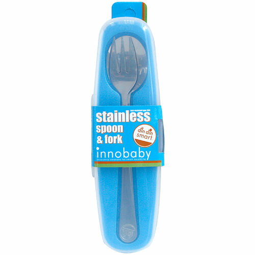 美國 innobaby stainless spoon and fork set 不繡鋼湯匙叉子組 附攜帶盒【藍色】