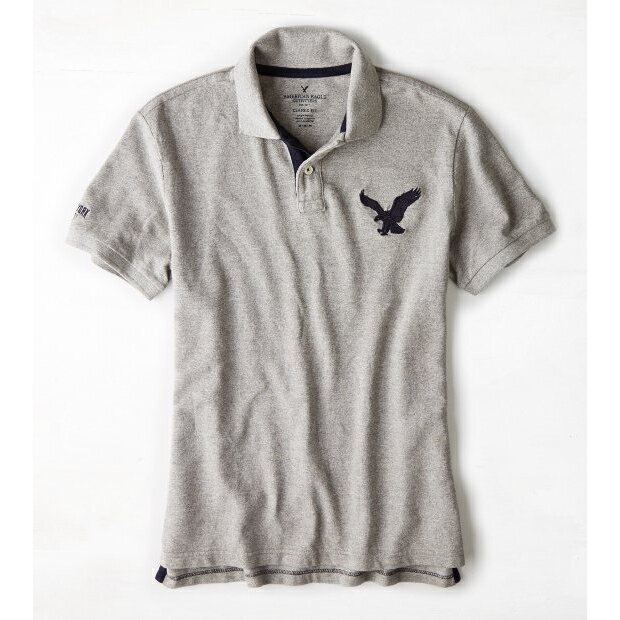 美國百分百【American Eagle】老鷹 AE 男生 網眼 素面 短袖 Polo衫 上衣 灰色 XS S F266