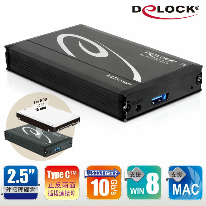 Delock 正反兩面可插拔Type C™連接埠10Gb/s USB 3.1的2.5吋SATA硬碟外接盒 – 42556 (時尚黑)
