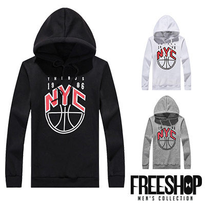 Free Shop【QBMT0586】美式休閒NYC籃球造型印花保暖厚棉刷毛連帽長袖上衣帽T 三色 MIT台灣製