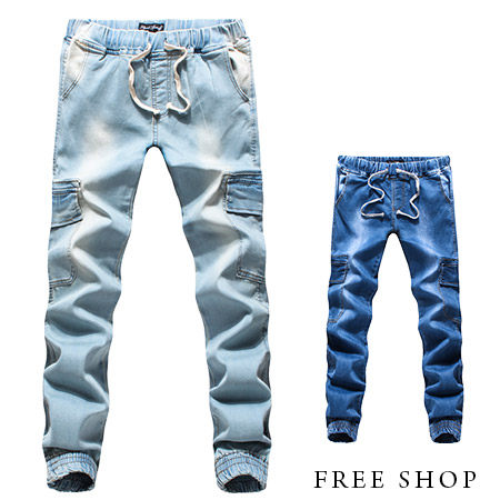 Free Shop【QJFK3698】日韓風格刷白撞色車縫造型側口袋鬆緊抽繩丹寧牛仔褲束口褲．二色