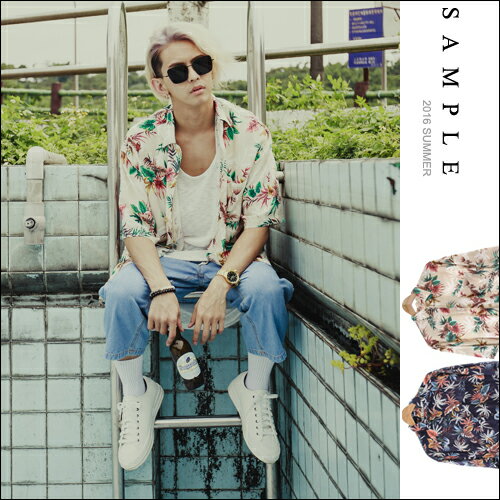 韓國製 短袖襯衫5分袖 寬版樹葉南洋風滑面軟布高質感【ST16307】- SAMPLE