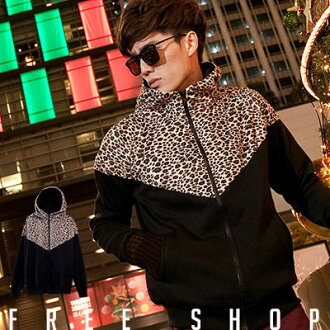 Free Shop【QBJC116】韓版潮流絨布豹紋拼接設計棉質保暖立領連帽外套‧黑色