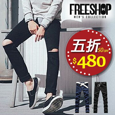 Free Shop【QBMQ3738】韓版基本款單寧原色彈性抓破設計休閒長褲牛仔長褲‧二色