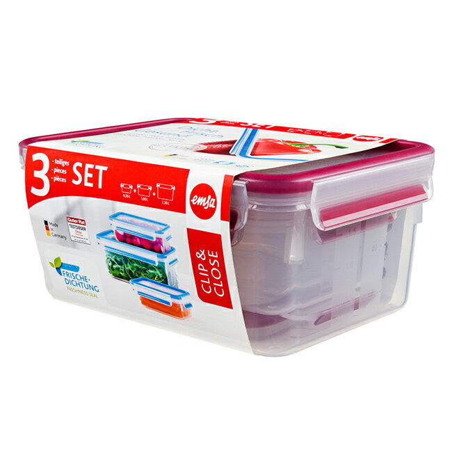 【德國EMSA】3D保鮮盒3件組(0.55L/1.0L/2.3L)。櫻桃紅(517420)