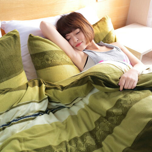 【清新綠條紋】雙人四件式兩用毯床包組 ◆ 高級搖粒絨 ◆ HOUXURY寢具購物網