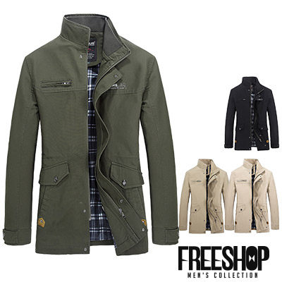 夾克外套 Free Shop【QTJSBL310】日韓風格內裏格紋多口袋造型素面立領外套夾克外套 四色 有大尺碼