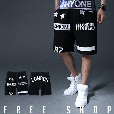 Free Shop【QFS560】歐美潮流系LONDON星星圖案印花彈性棉質短褲運動褲球褲棉褲‧黑色