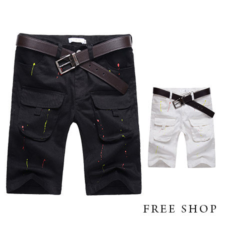 Free Shop【QR03076】日韓風格窄版素色前口袋潑漆設計休閒短褲工作短褲‧二色