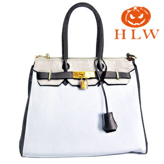【HLW NY Print Bag 轉印包】設計鉑金系列 S型 黑白拚色 側(肩)背包 HLW轉印包 綵情時尚精品
