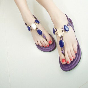 鏈條水鑽寶石後鬆緊女夾腳平底涼鞋-米/紫35-39預購