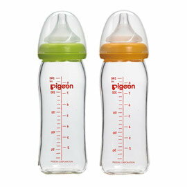 Pigeon貝親母乳實感 玻璃奶瓶 寬口徑 240ml (綠色/橘色)