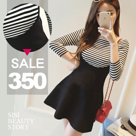 SISI【E6001】清新可人韓版顯瘦細肩高腰純色傘襬連身裙+一字領條紋T恤套裝
