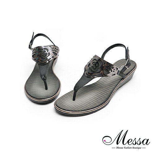 【Messa米莎專櫃女鞋】MIT全羊皮涼夏度假金屬玫瑰造型楔型涼鞋-黑色現貨+預購