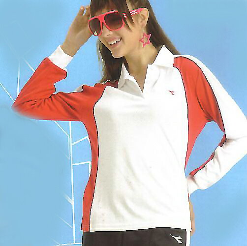 義大利名牌 DIADORA 女版吸濕排汗長POLO衫-白紅-DW9803A1