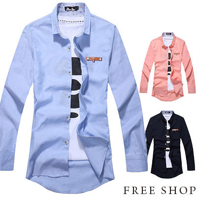 Free Shop【QR20209】日韓系三色織帶皮標反折碎花拼布設計素色牛津襯衫長袖襯衫‧三色