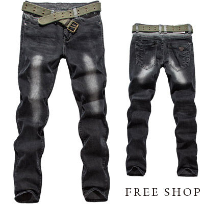 Free Shop【QR30212】日韓街頭風格刷色簡約合身漸層水洗單寧牛仔褲牛仔長褲‧黑色