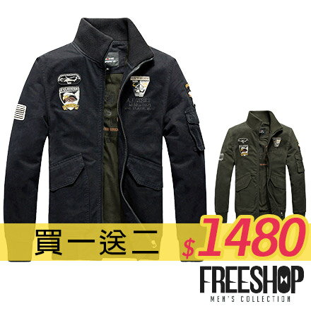 立領外套 Free Shop【QTJ8302】買一送二(圍巾+上衣) 美式軍裝風電繡貼布造型立領外套飛行員夾克外套 二色 有大尺碼