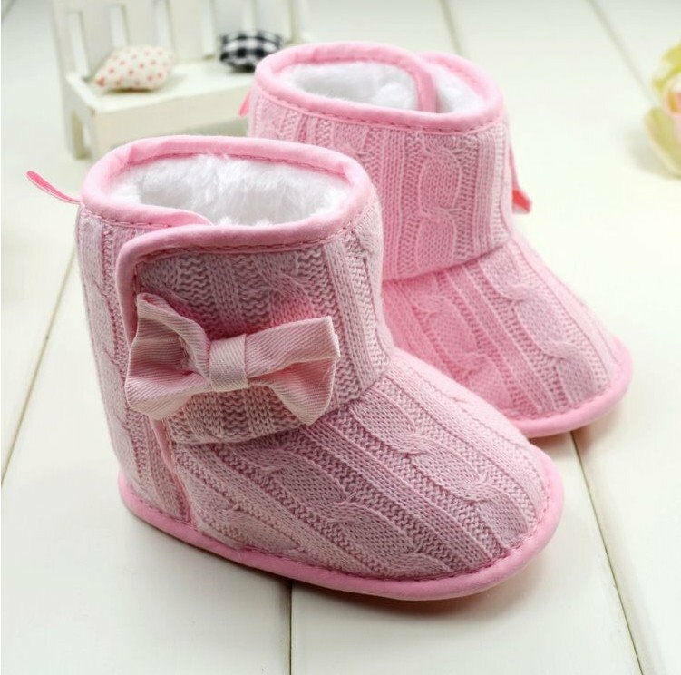 冬季女寶寶雪靴保暖靴子軟底防滑蝴蝶結針織靴/粉色