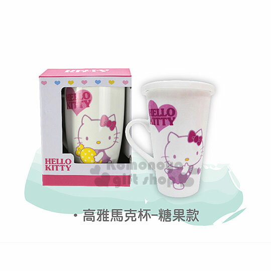 〔小禮堂〕Hello Kitty 新骨瓷附蓋高雅馬克杯《白.坐姿.糖果.愛心》容量510ml